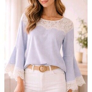 Spense NWT Striped Lace Trim Blouse m White & Blue Boho Romantic Bell Sleeve